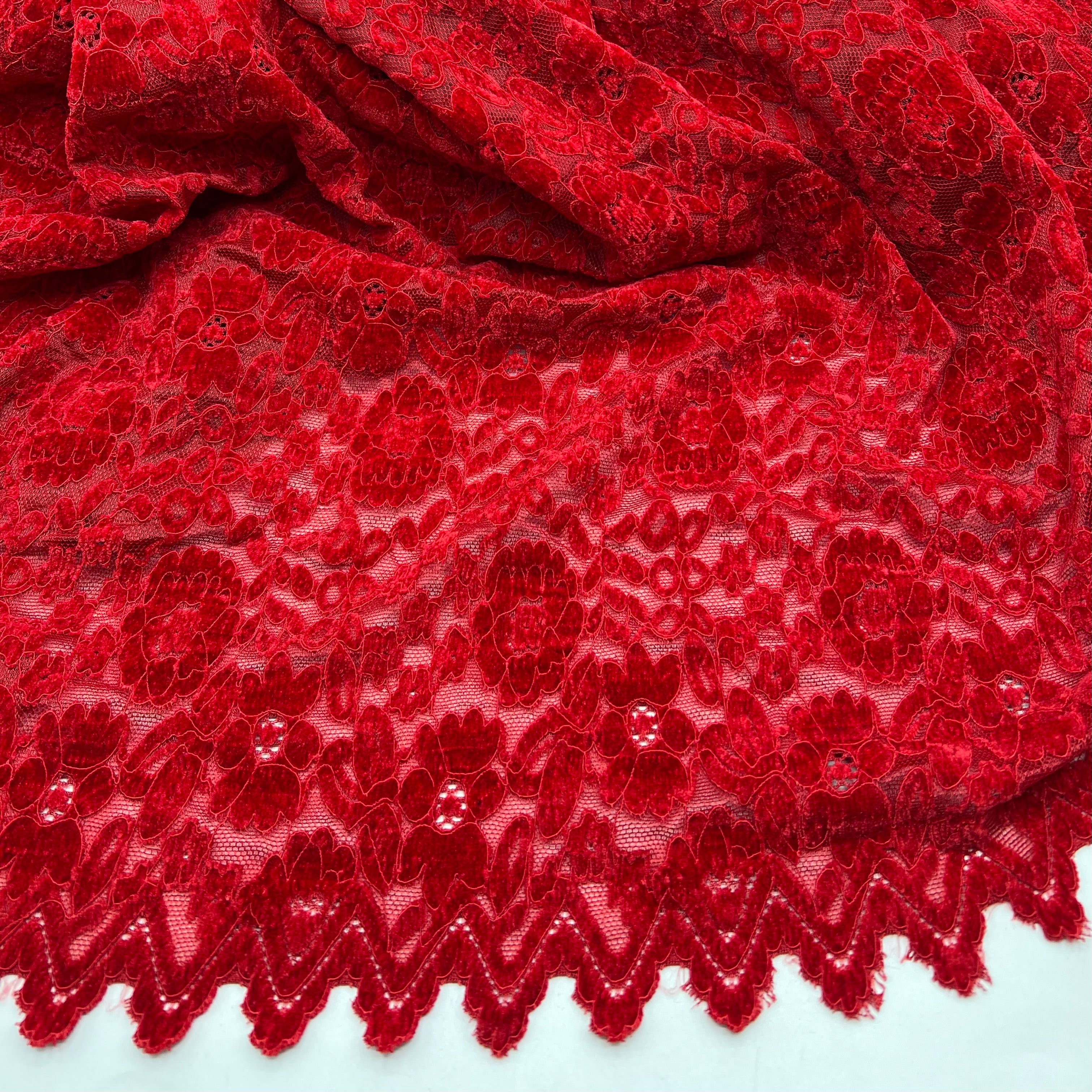 Red Embossed Textured Scalloped Edge Floral Lace Fabric Stretch